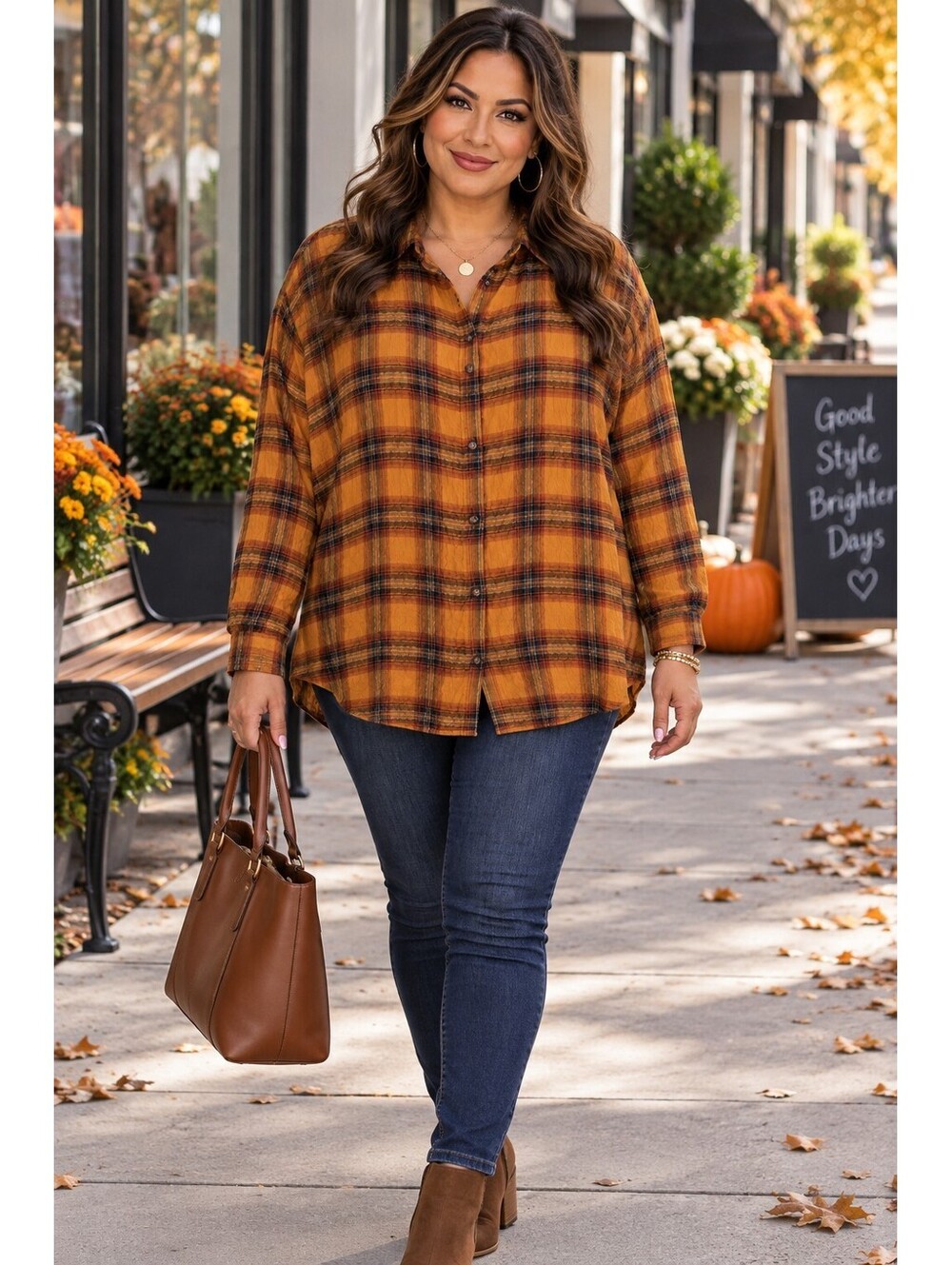 Jane & Delancey Women's XL Mustard Plaid Long Sleeve Crinkley Button Up Shirt